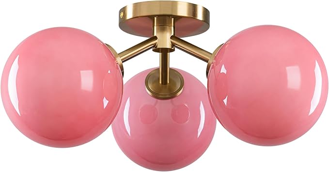 Pink Semi Flush Mount Ceiling Light Fixture, 3 Light Opal Glass Globe Mid by Kunlinzhu