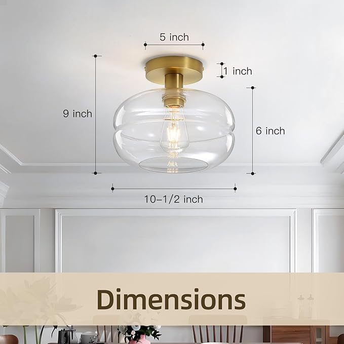 Semi Flush Mount Ceiling Light Fixture, 10-1/2 Inch Clear Glass Shade, Brushed - Image 2