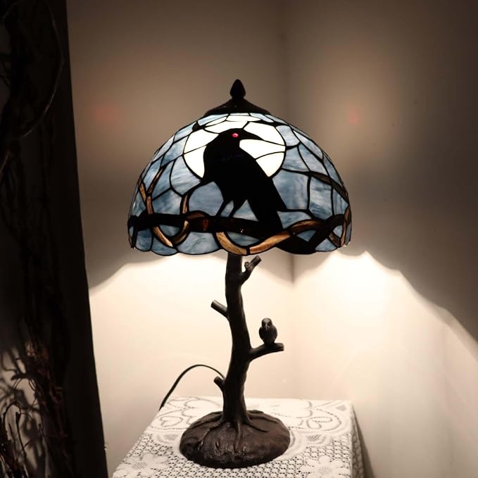 Bieye L10956 Raven Sitting on Bare Tree Branch in Full Moon Night Tiffany Style - Image 2