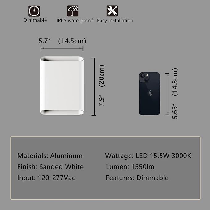 LED Wall Lights Outdoor Wall Sconces Dimmable 15.5W, IP65 Waterproof Porch - Image 6