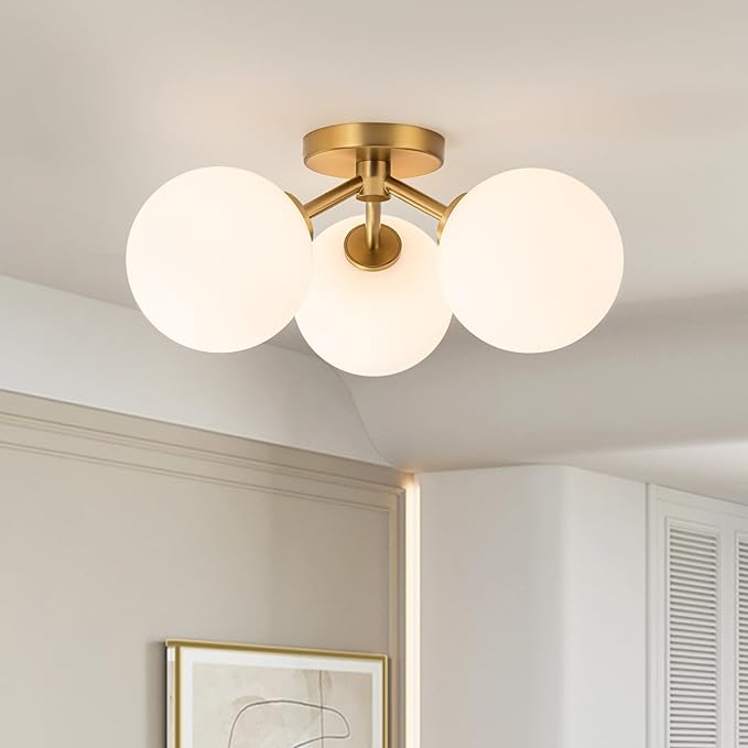Mid Century Modern Gold Semi Flush Mount Ceiling Light Fixture 3 Light 18 inch by Kunlinzhu
