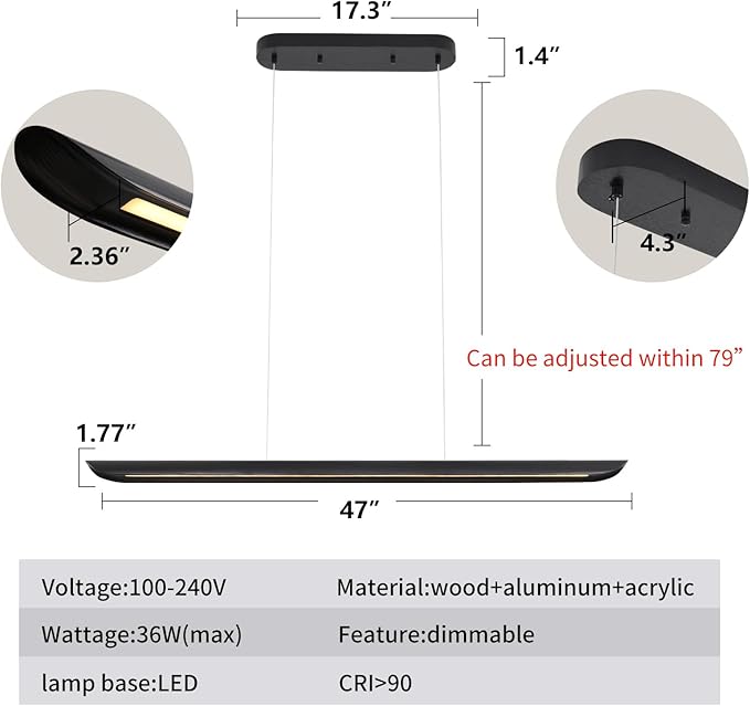 47" Modern Led Linear Pendant Light 36w Dimmable Ceiling Hanging Lights Wood - Image 2