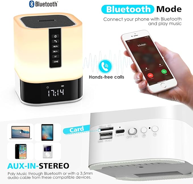 Night Light Bluetooth Speaker, 5 in 1 Touch Control Bedside Lamp Dimmable - Image 3
