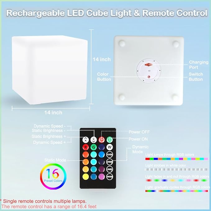 14 inch Versatile LED Cube Light Chair, Rechargeable Light Cubes Table w/Remote - Image 7