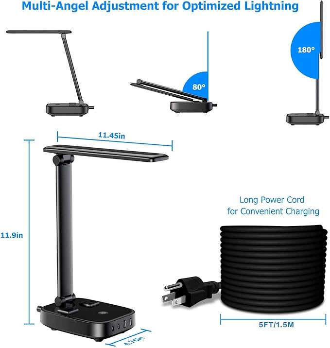 Yostyle LED Desk Lamp with 4 USB Charging Ports and 2 AC Outlets, 5ft Extension - Image 6