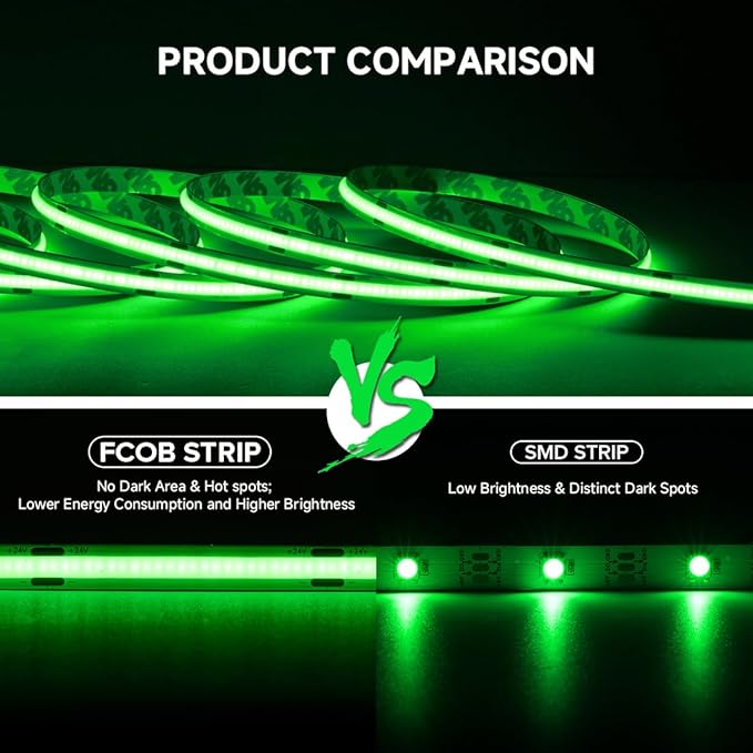 16.4FT COB LED Strip Light Green, 24V 8MM Width Flexible High Density Uniform - Image 2