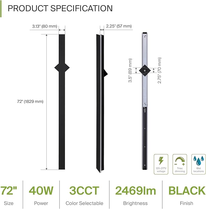 ASD LED 72" Long Wall Mount Light Fixture, Outdoor & Indoor Linear Sconce | 3CCT - Image 2