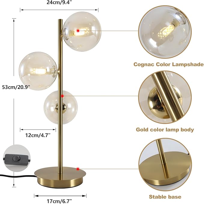 Gold Globe Bedside Lamp, 3 Lights Mid Century Modern Table Lamp, Contemporary - Image 2