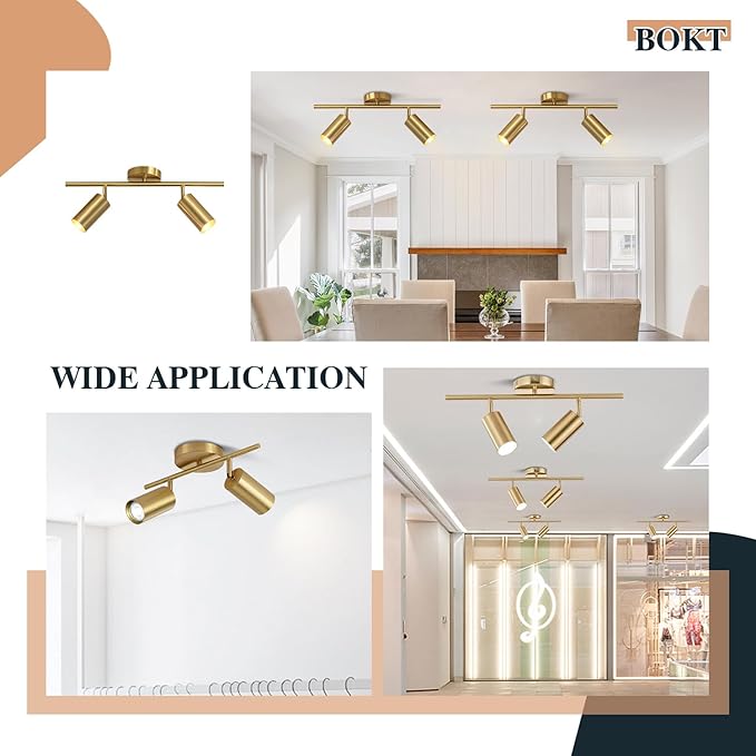 BOKT Mid Century Modern 2-Lights LED Track Lighting Kit 2 Ways Gold Flush Mount - Image 3