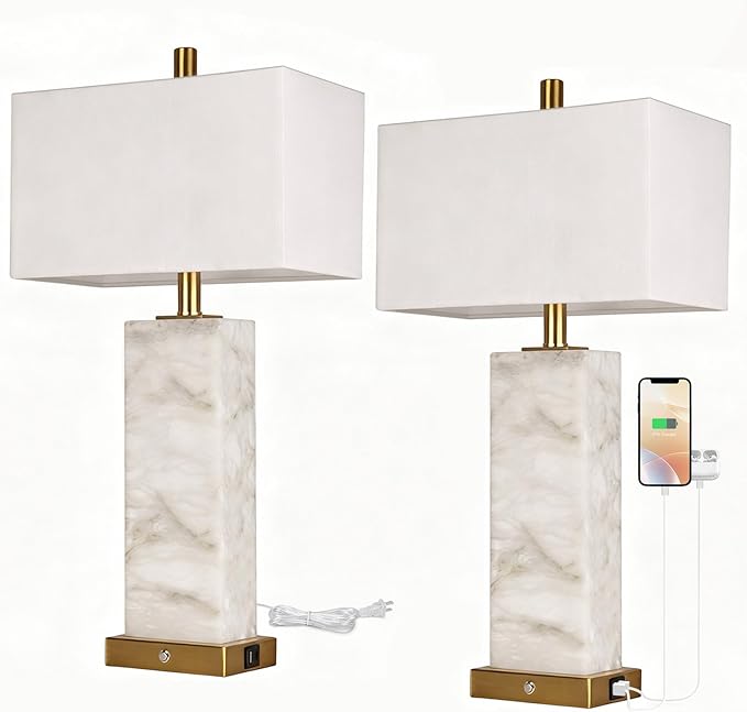 25.6" Alabaster Lamp, Marble Lamp Nightstand Lamps Set of 2, Modern Table Lamp - Image 9