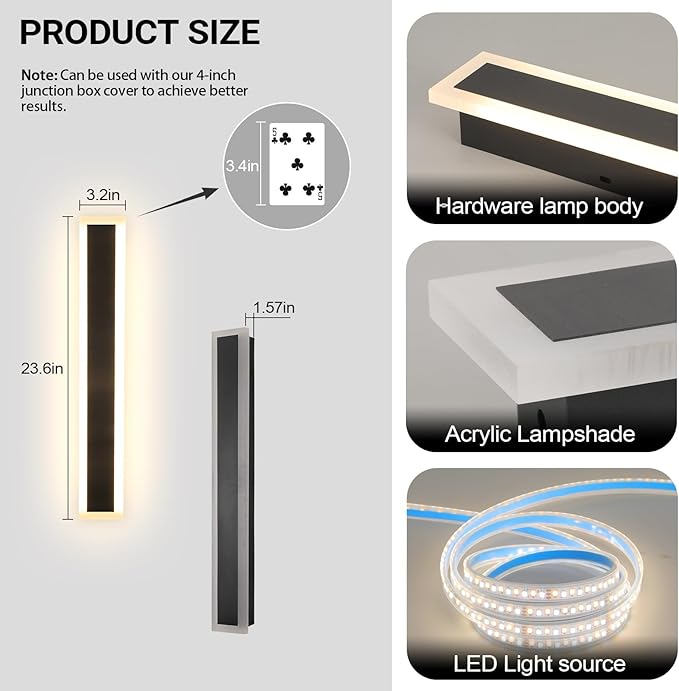 2 Pack 24 Inch Outdoor Porch Wall Lights, 3000K Modern LED Exterior Wall Sconce - Image 5