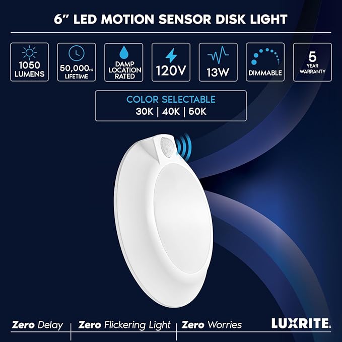 LUXRITE 6 Inch LED Motion Sensor Ceiling Light, CRI 90, 3CCT 3000K 4000K 5000K - Image 7