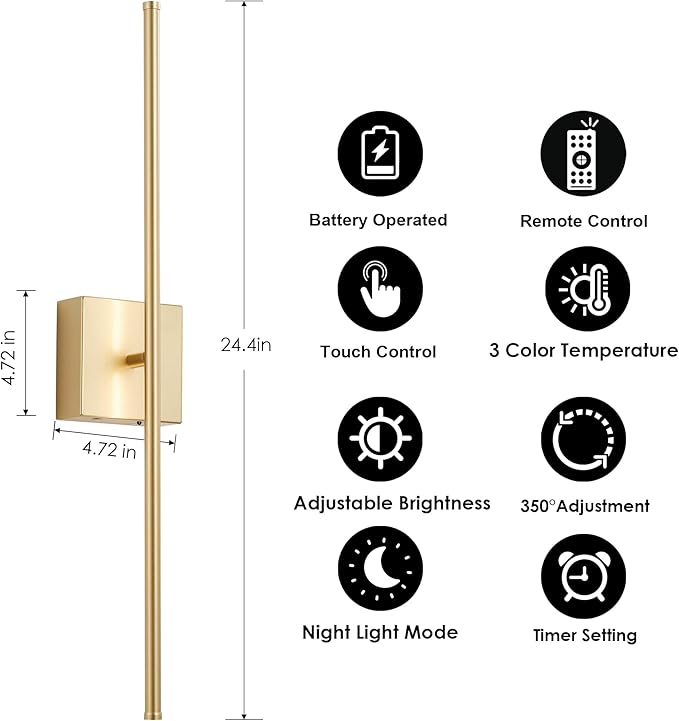 24.4 Inch Removable Battery Operated Wall Sconces Set of 2 - Image 6