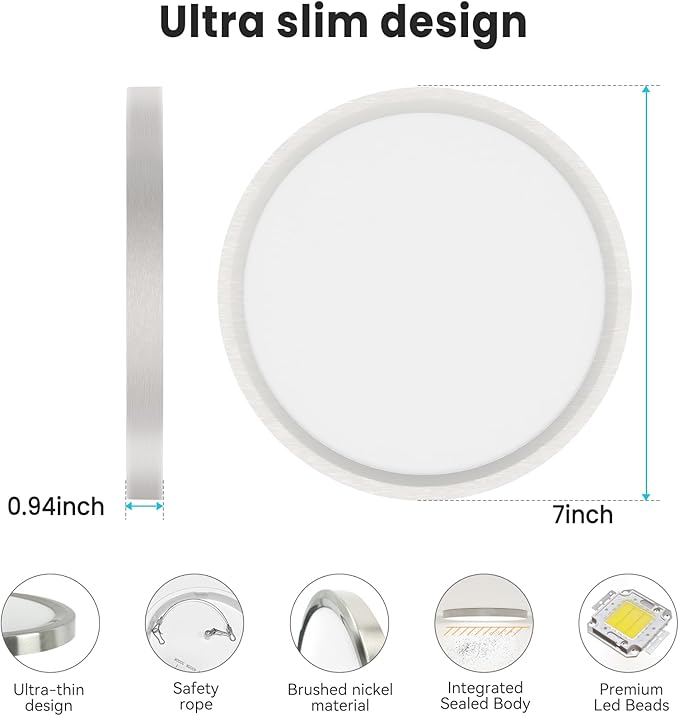 Libtit 7 Inch Nickel Brushed Flush Mount Ceiling Light, 6 Pack, - Image 5