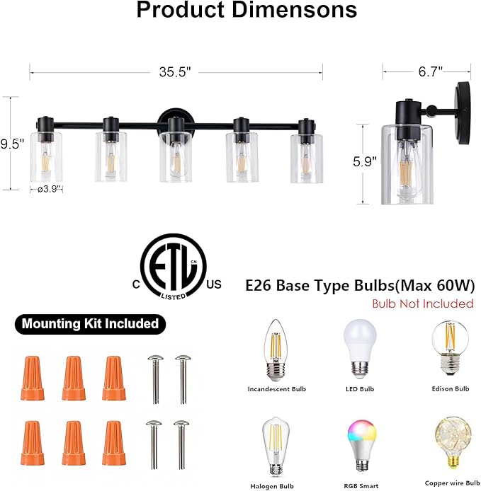 5 Light Bathroom Wall Light Fixtures Black Bathroom Wall Sconce - Image 2