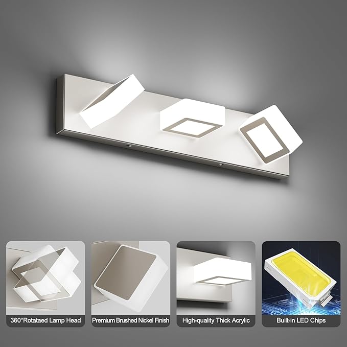 Ralbay 3-Light Brushed Nickel Bathroom Vanity Lights Metal Acrylic LED Modern - Image 5