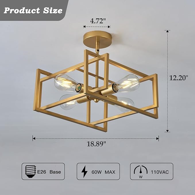 ZGLAOJT 4-Lights Ceiling Light Gold Light Fixture Industrial Flush Mount - Image 2