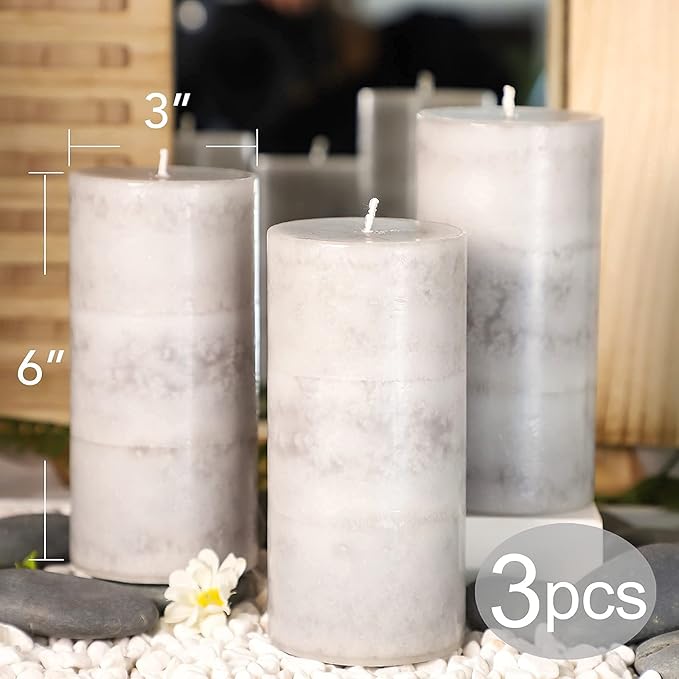 3x6 inch Pillar Candles Cozy Cotton Scented Set of 3 Gray White Layered Mottled - Image 5