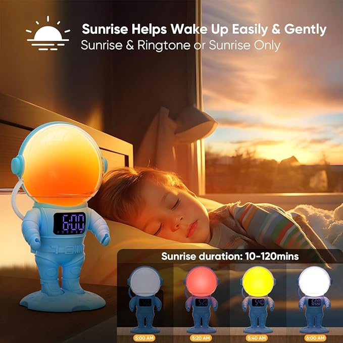 Astronaut Sunrise Alarm Clock for Kids, 22 Dimmable Nightlights, Dual Digital - Image 2
