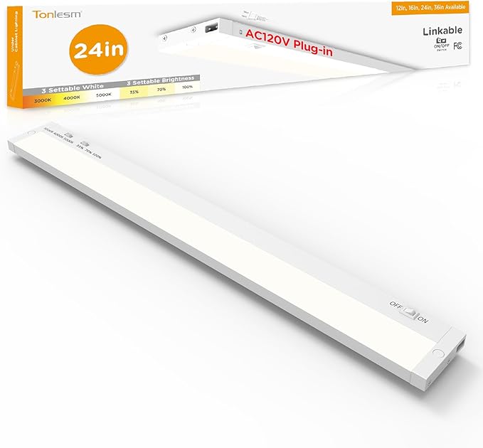 24 Inch Under Cabinet Lighting Plug in, 14W 120V 3 Color 3000K/4000K/5000K by Tonlesm