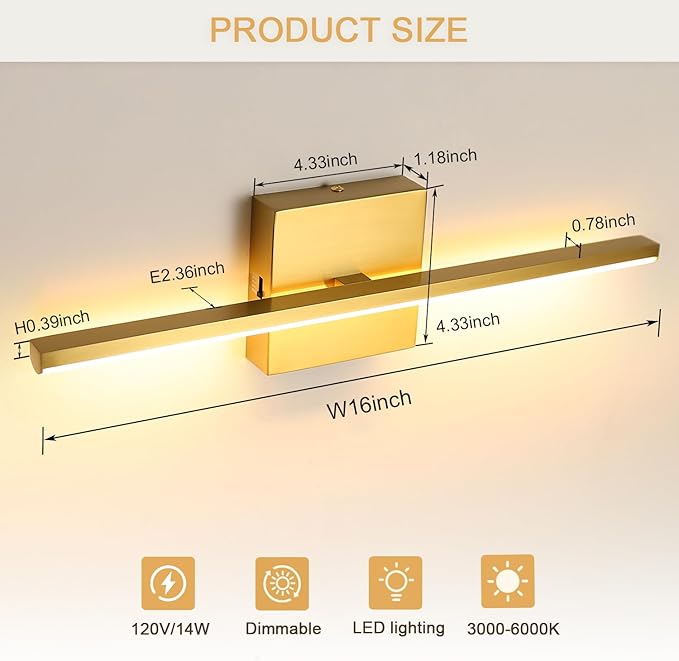 Brushed Gold Vanity Light 16 Inch Modern Bathroom Light Fixtures 14W Wall - Image 4