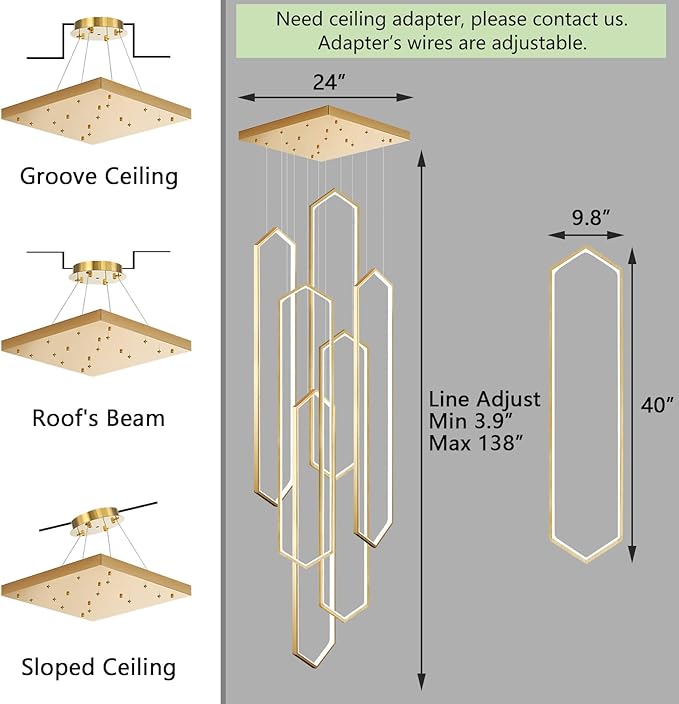 6-Rings Chandelier Modern, Dimmable Flush Mount High Ceiling Chandeliers - Image 2
