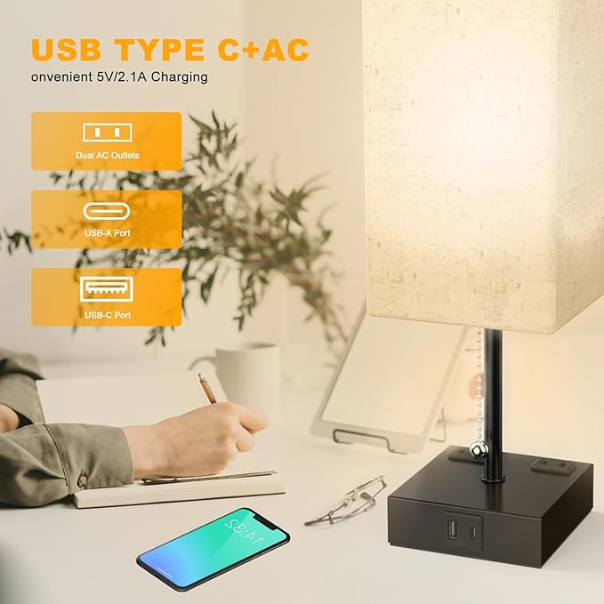Table Lamp for Bedroom with USB, Bedside Lamp with USB C+A Charging Ports - Image 3