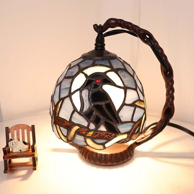 Bieye L12011 Tiffany Style Stained Glass Raven Table Lamp Mini Night Light - Image 2