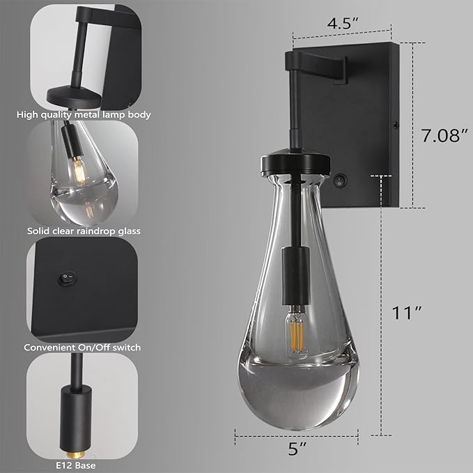 HuisMier Raindrop Wall Sconces, Modern Clear Glass Wall Lamp Vanity Light - Image 3