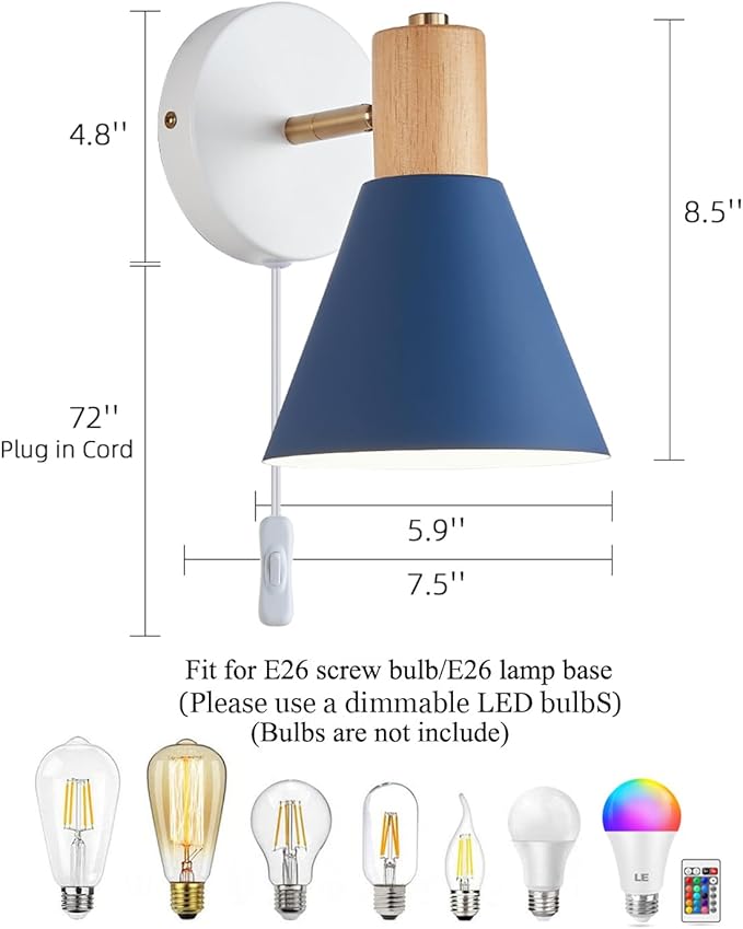 Plug in Wall Sconces Lighting Fixture Pack of 2, Wooden Adjustable Bedside Wall - Image 2