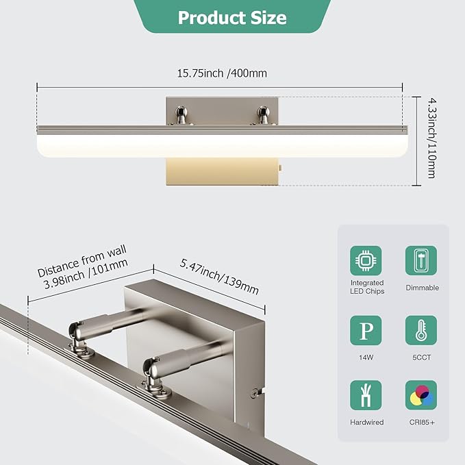 Brushed Nickel Vanity Light, 15.7” Dimmable LED Bathroom Light Bar - Image 5