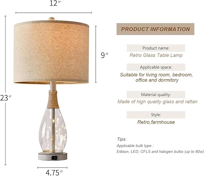 OYEARS 23" USB A+C Table Lamp for Bedroom Living Room Modern Bedside Lamps - Image 8