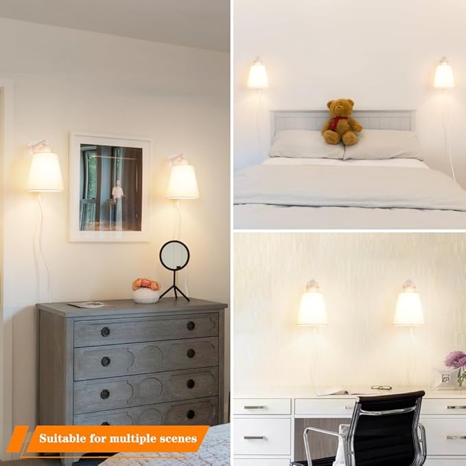 White Plug in Wall Sconces Set of Two, Bedside Wall Lamps Plug in Set of 2 - Image 3