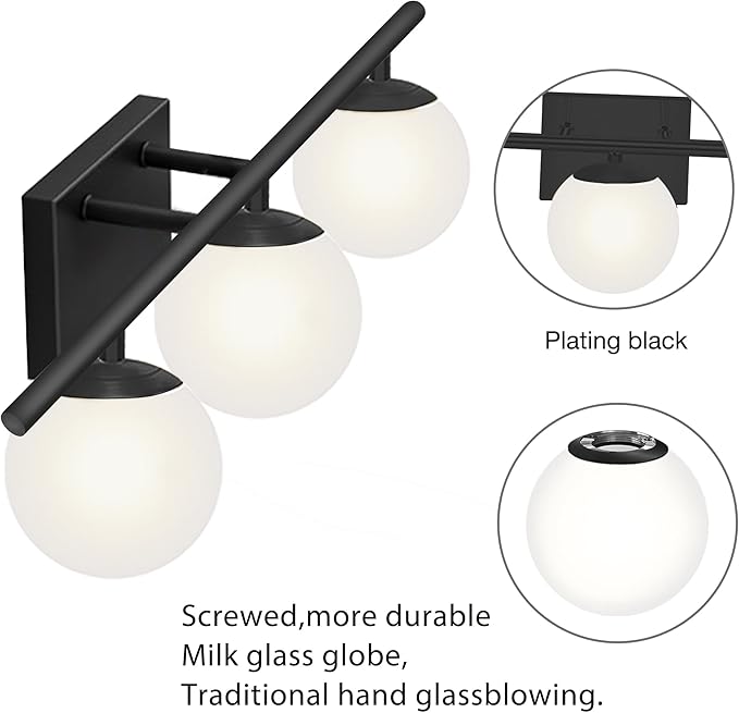 New Bathroom Vanity Light Fixtures 3 Lights Brushed Black Milk White Globe - Image 3