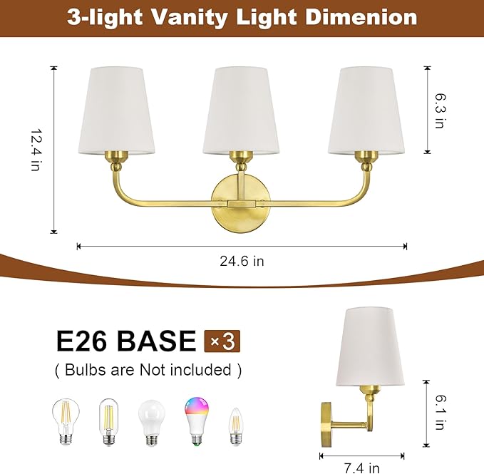Brushed Gold Bathroom Light Fixtures, 3-Light Vanity Lights, Bathroom Lighting - Image 3