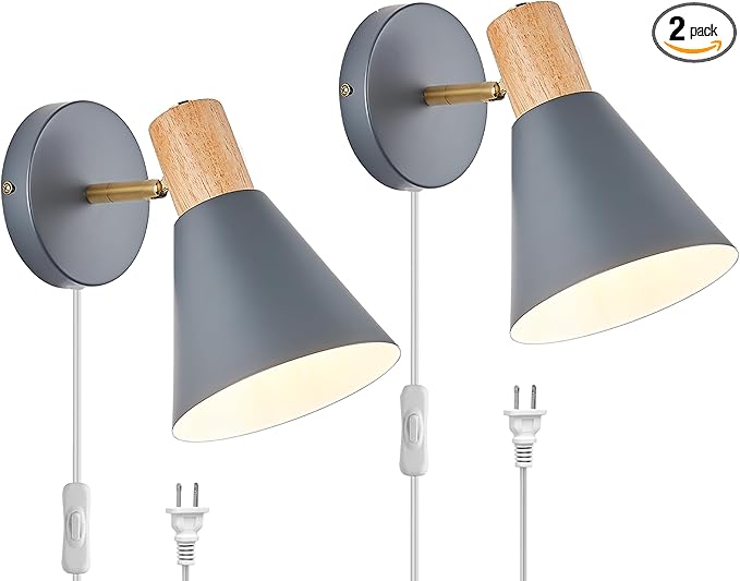 Plug in Wall Sconces Lighting Fixture Pack of 2, Wooden Adjustable Bedside Wall by VechoicyHomeLight