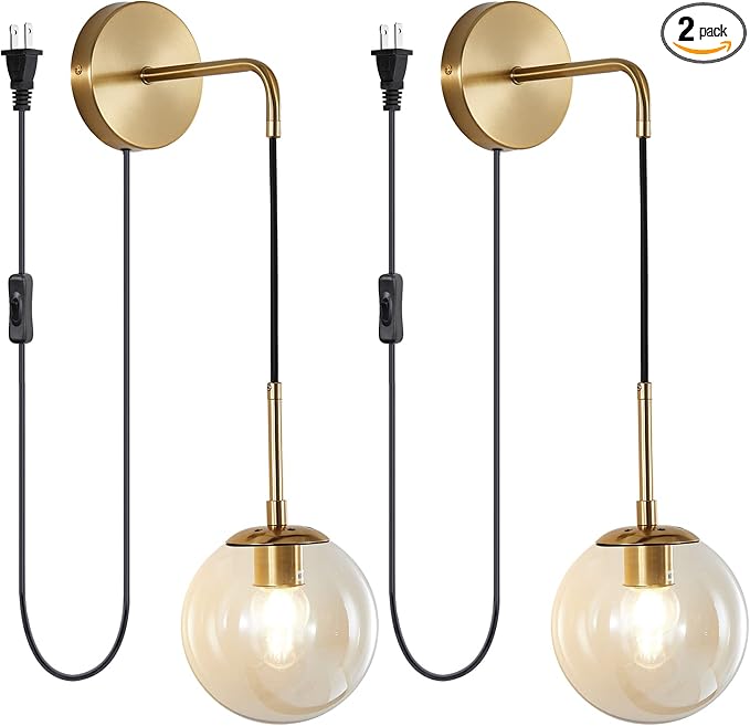 KCO Lighting Modern Plug in Wall Sconce Set of 2 Gold Glass Globe Bathroom Wall by KCOLighting