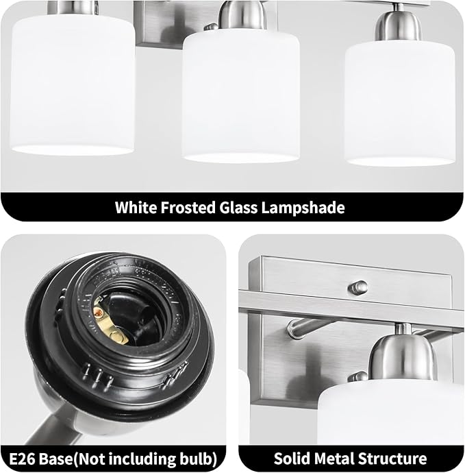 Brushed Nickel Bathroom Light Fixture, 3 Light Vanity Lights - Image 9
