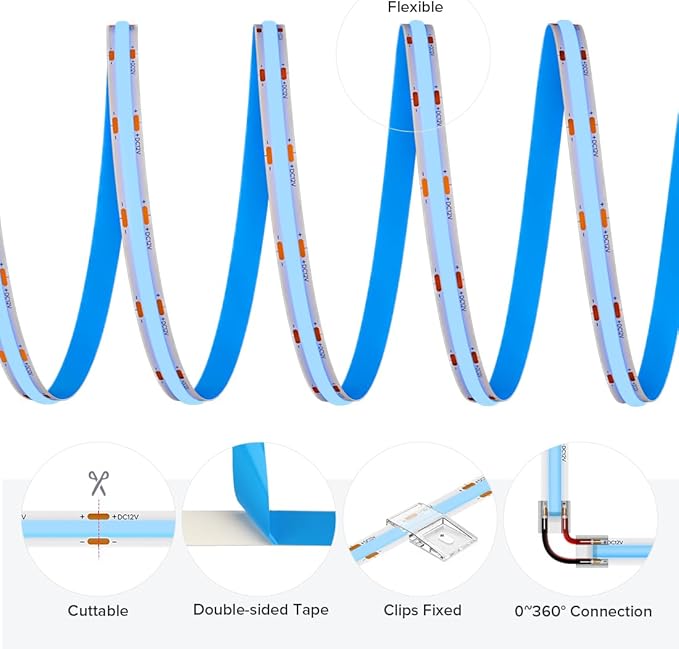 16.4FT COB LED Strip Light Blue, 12V 8MM Width Flexible High Density Uniform - Image 6