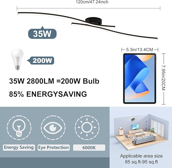 47.24inch Linear Ceiling Light Black Modern LED Ceiling Light Fixture 6000K - Image 4