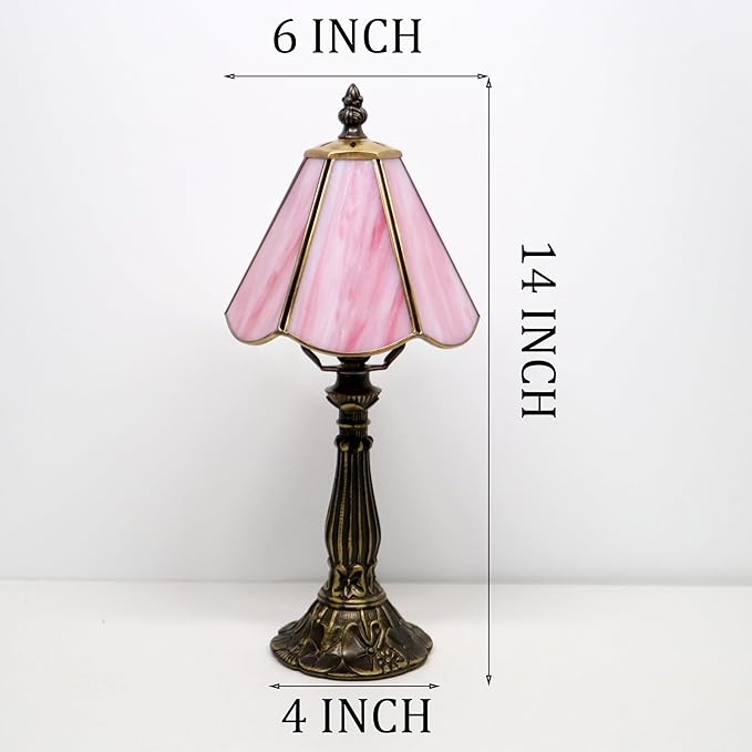Small Tiffany Table Lamp Pink Stained Glass Desk Lamps 6X6X14 Inch Bronze Resin - Image 2