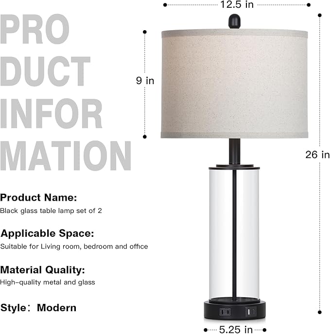 26" Black Glass Table Lamp for Living Room Single, 3-Way Dimmable Bedside Lamps - Image 7