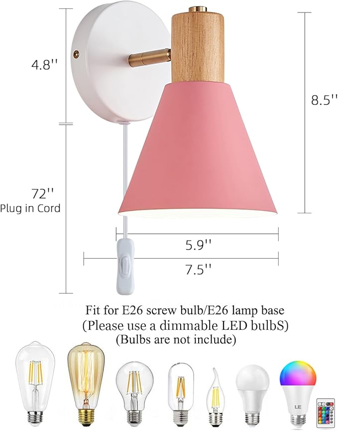Plug in Wall Sconces Lighting Fixture Pack of 2, Wooden Adjustable Bedside Wall - Image 2