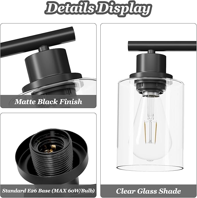 5-Light Black Bathroom Vanity Lights, E26 Modern Bathroom Light Fixtures - Image 3