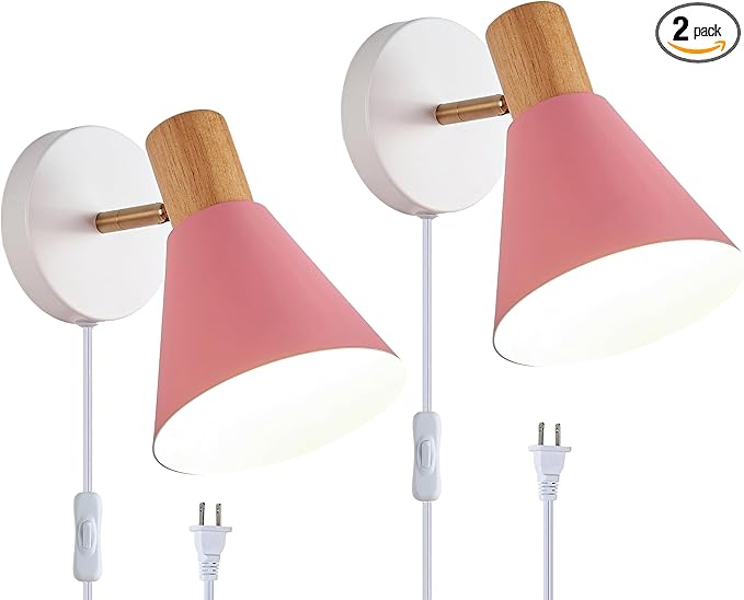 Plug in Wall Sconces Lighting Fixture Pack of 2, Wooden Adjustable Bedside Wall by VechoicyHomeLight