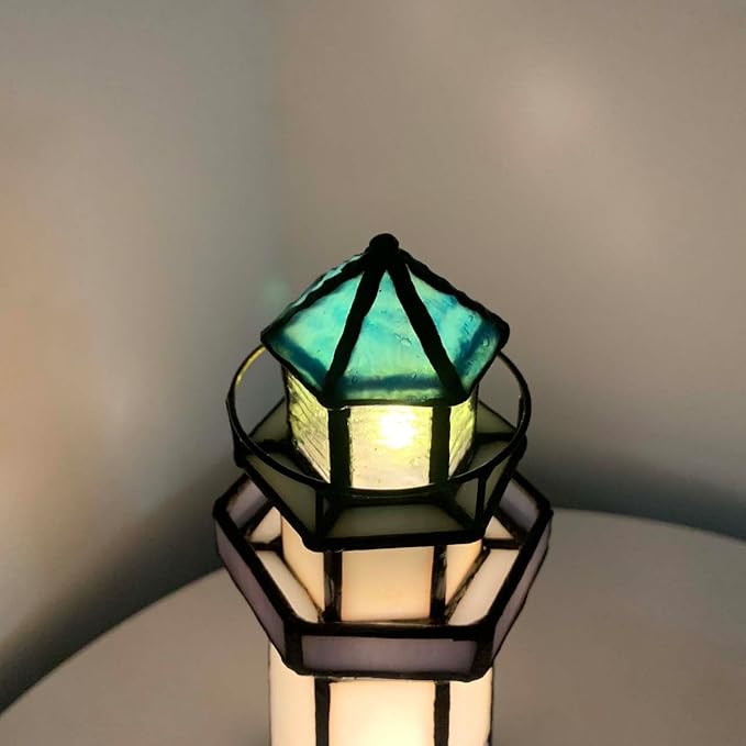 Bieye L10776 Lighthouse Tiffany Style Stained Glass Accent Table Lamp Night - Image 3