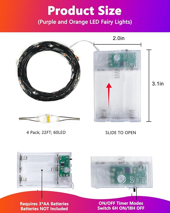 4 Pack 60LED Orange & Purple Fairy Lights Battery Operated - Image 2