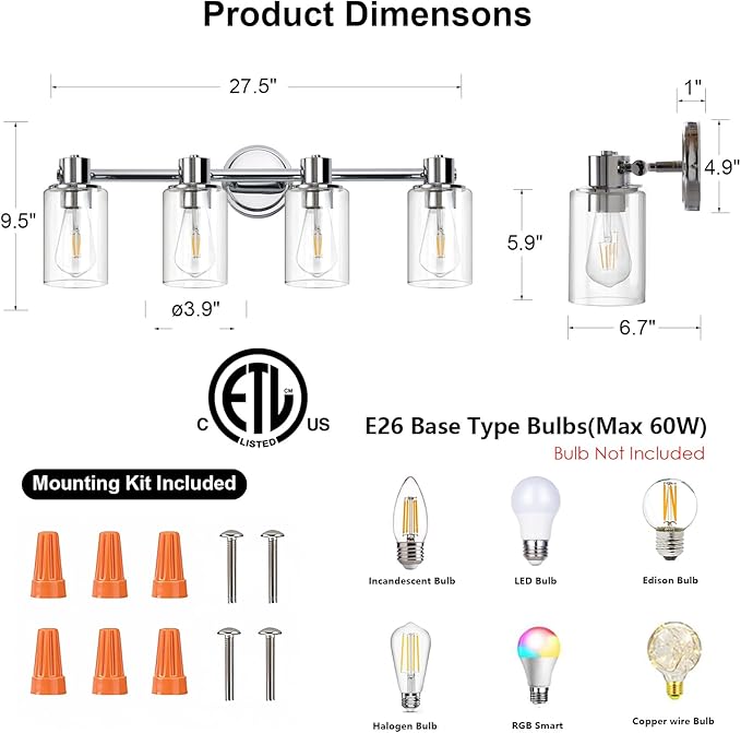 4 Light Bathroom Wall Light Fixtures Chrome Bathroom Wall Sconce - Image 2