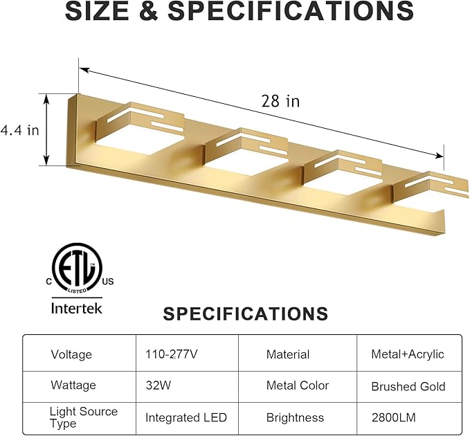 LED Modern Bathroom Vanity Light Fixtures, 4-Light 28-inch Dimmable Gold Vanity - Image 3