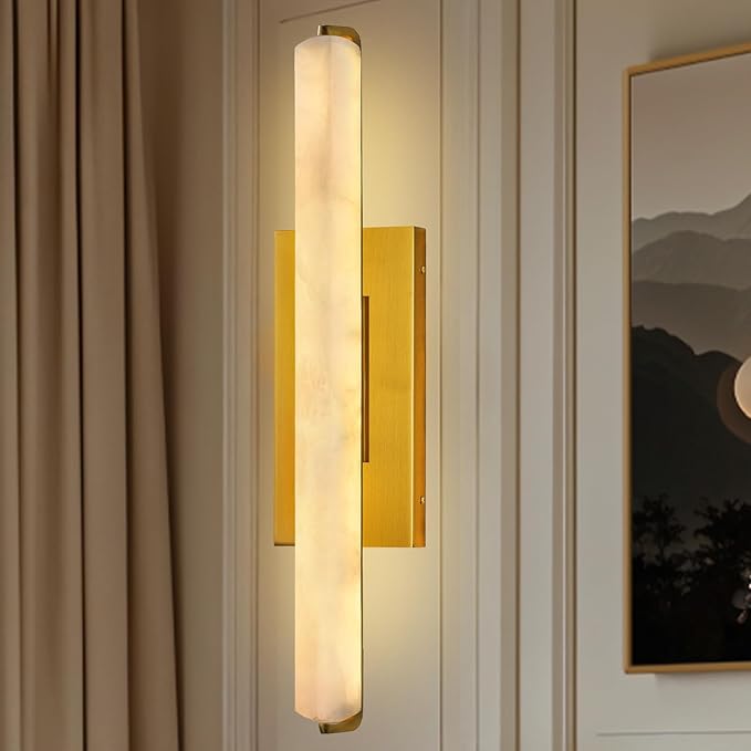 Alabaster Wall Sconces Set of Two, 25in Brass Alabaster Sconce, Modern Spanish - Image 4